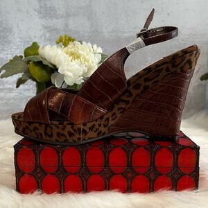 NEW RARE Spiegel Leather Platform Slingback Wedges Chocolate Leopard Sz 5.5 NWP
